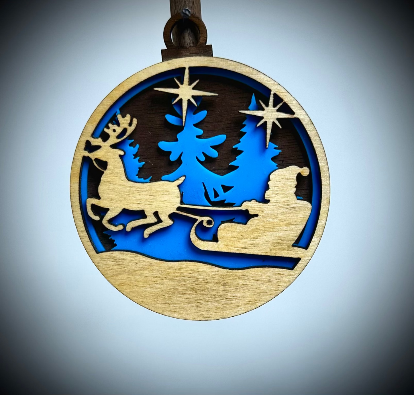 Layered Christmas Bulb - Santa in Sleigh with Stars and Trees