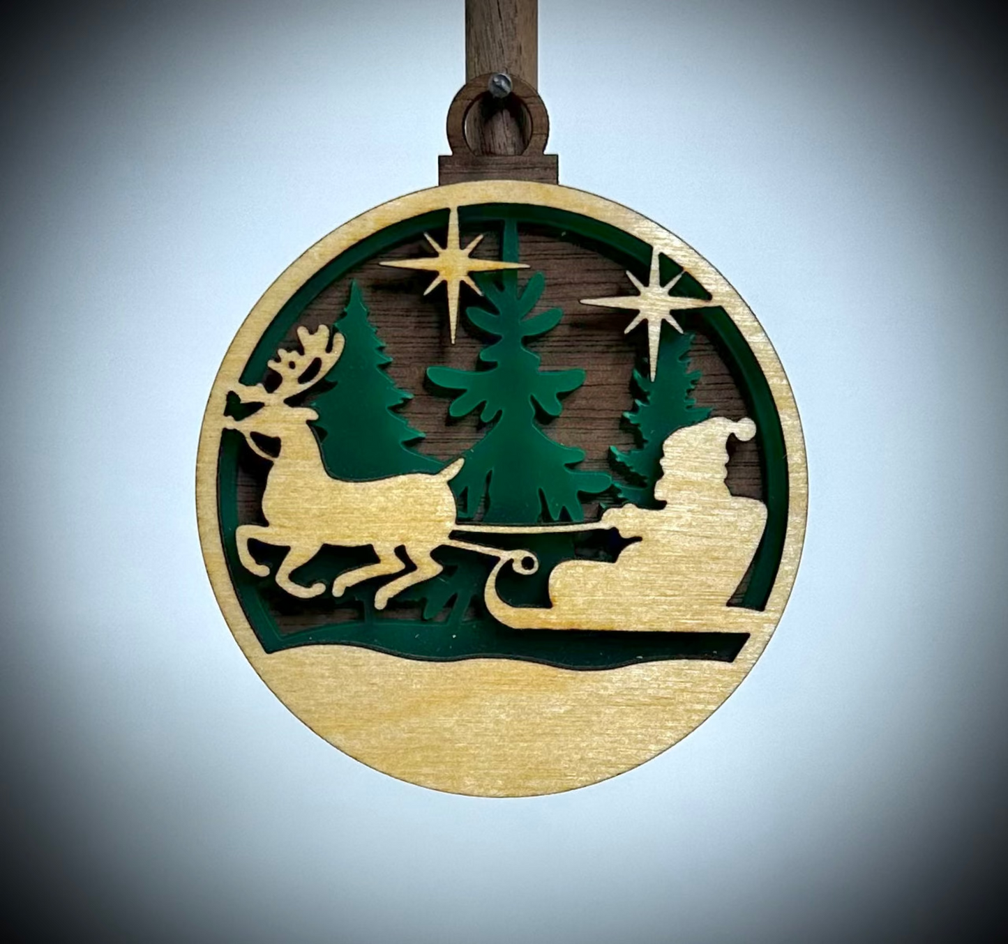Layered Christmas Bulb - Santa in Sleigh with Stars and Trees