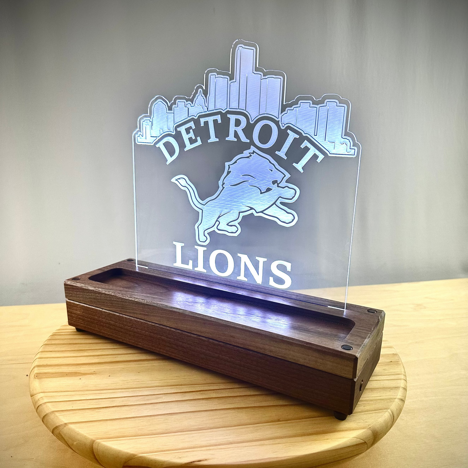 Custom Walnut Base Lighted Acrylic Lamps