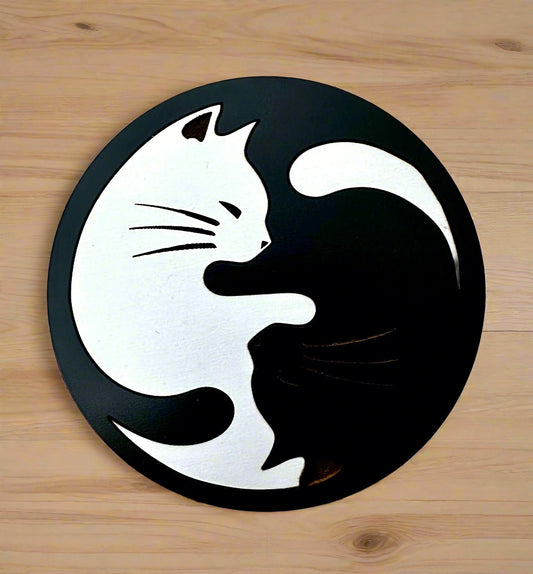 Ying Yang Kitty White and Black Coaster - Black Outside Ring