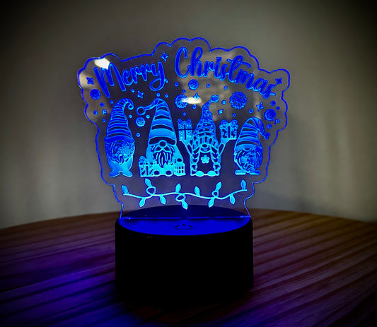 Lighted Acrylic Christmas Lamp - Merry Christmas With 4 Gnomes and Stars