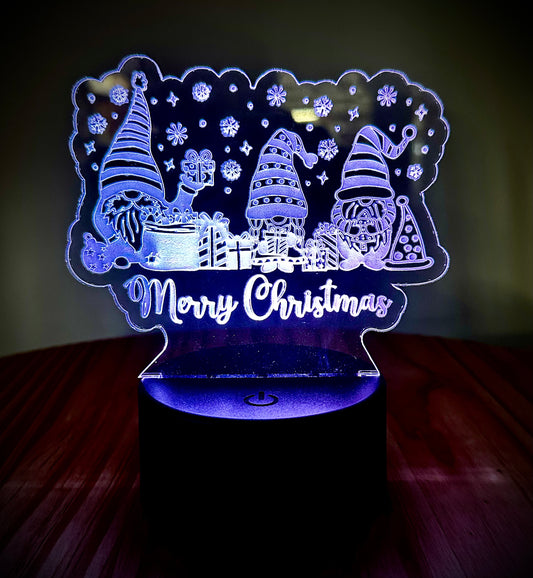 Lighted Acrylic Christmas Lamp - Merry Christmas With 3 Gnomes and Stars