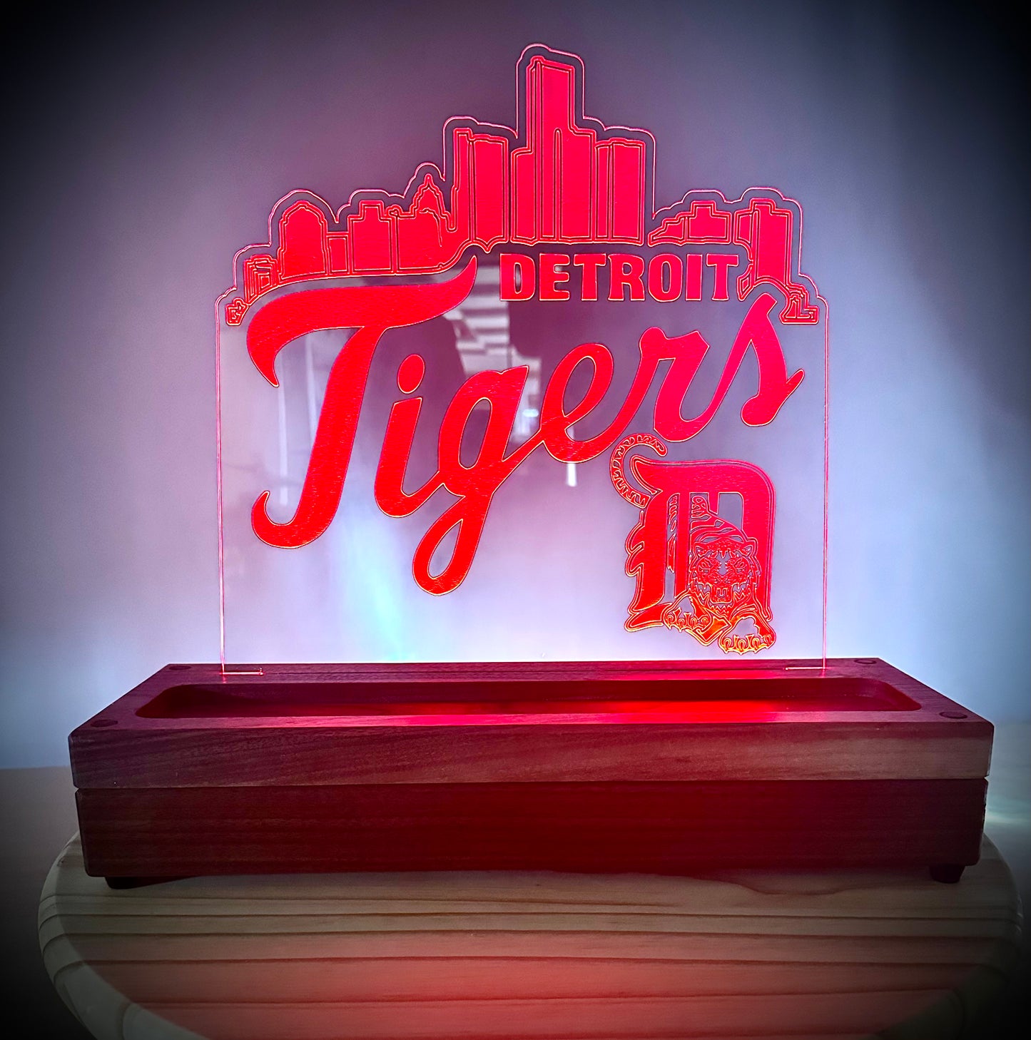Custom Walnut Base Lighted Acrylic Lamp - Detroit Tigers