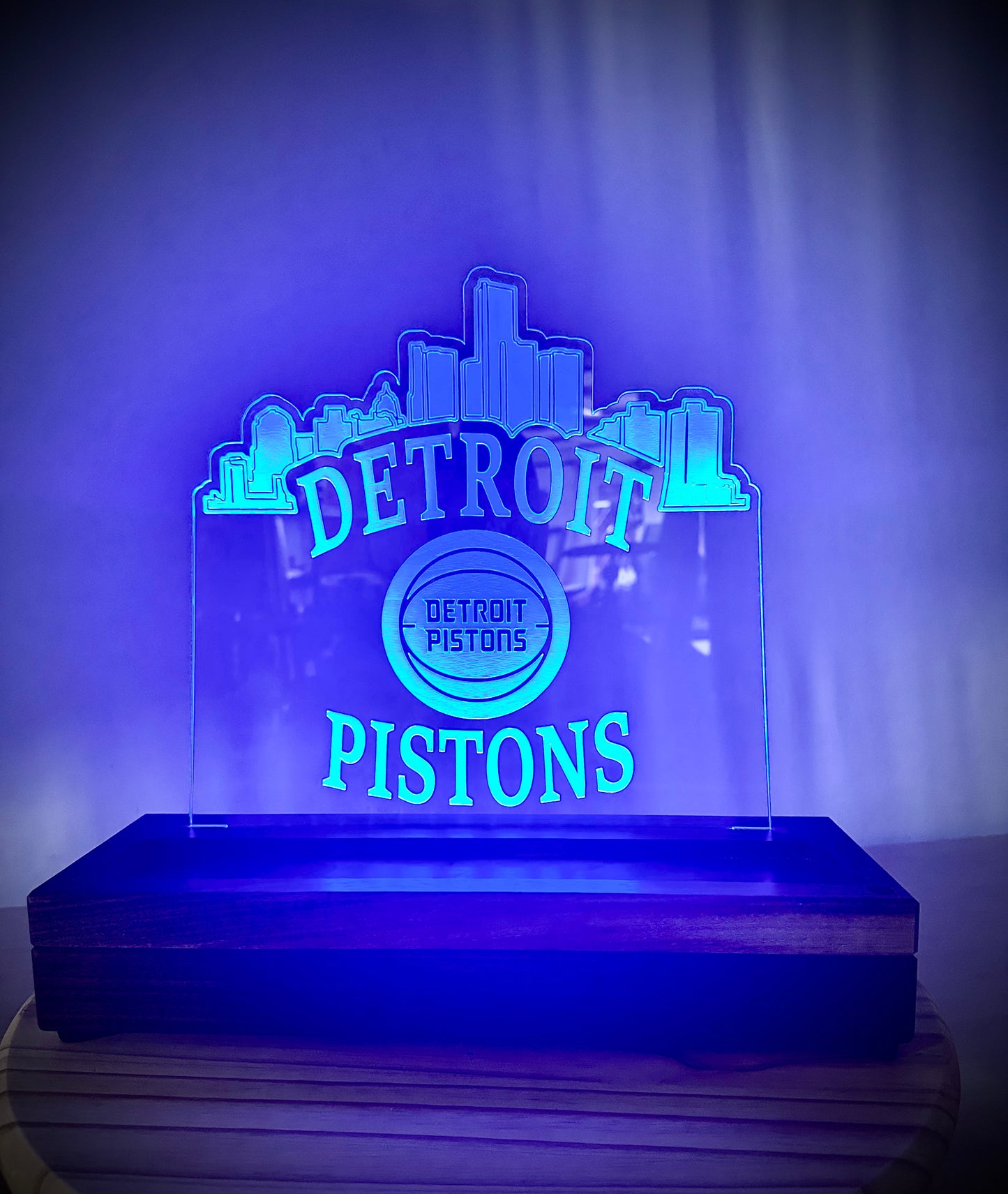 Custom Walnut Base Lighted Acrylic Lamp - Detroit Pistons