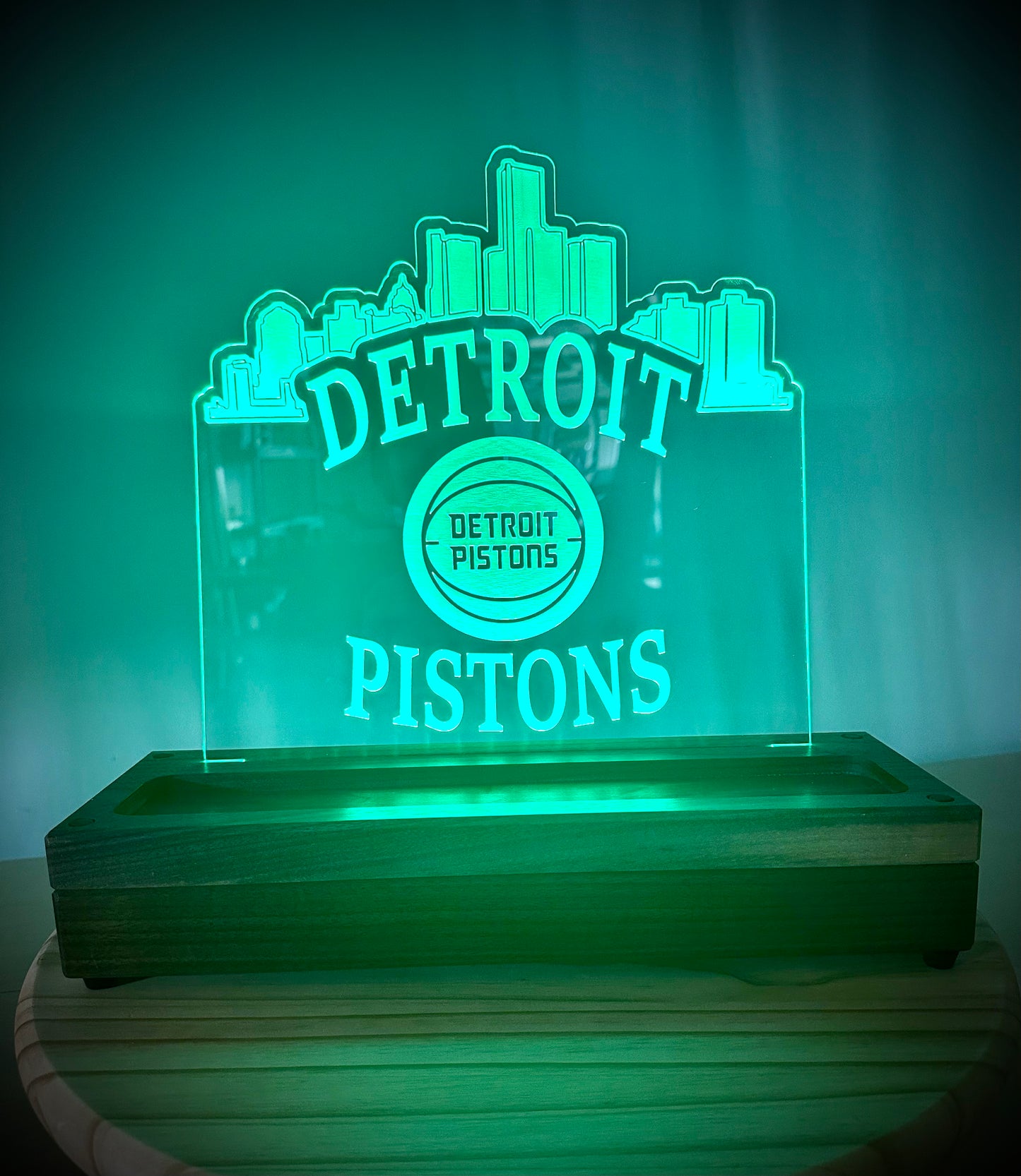 Custom Walnut Base Lighted Acrylic Lamp - Detroit Pistons