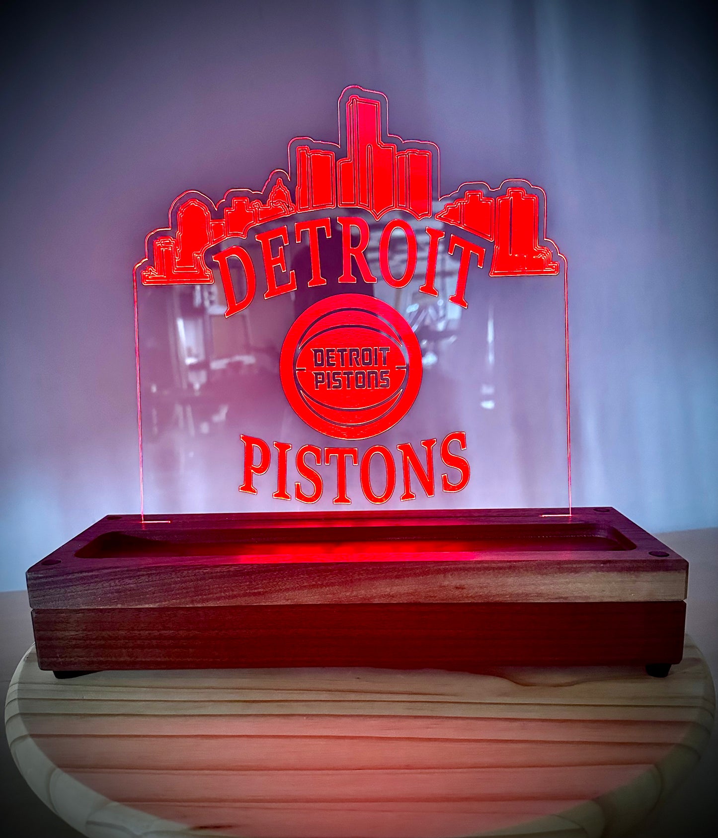 Custom Walnut Base Lighted Acrylic Lamp - Detroit Pistons
