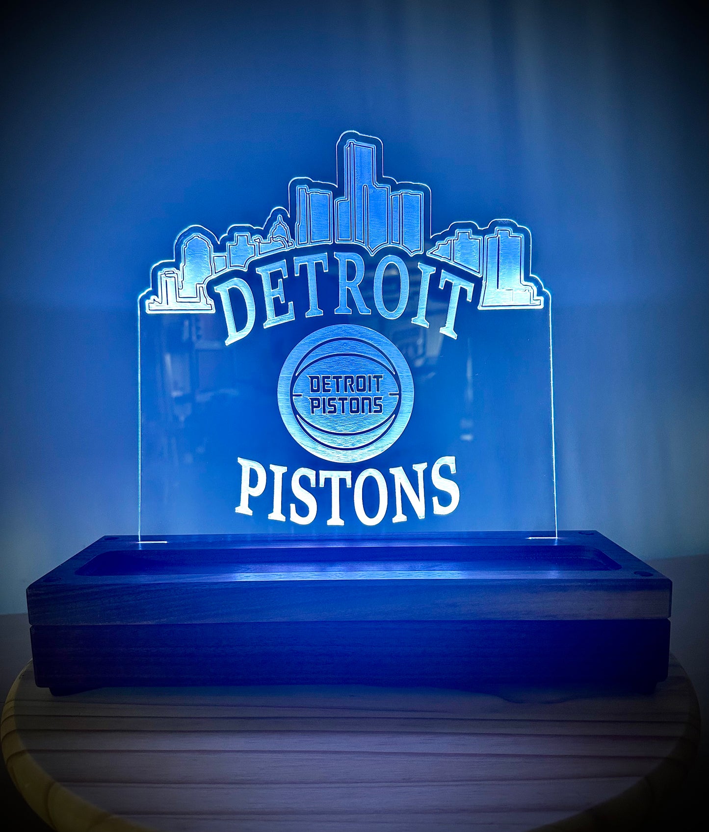 Custom Walnut Base Lighted Acrylic Lamp - Detroit Pistons