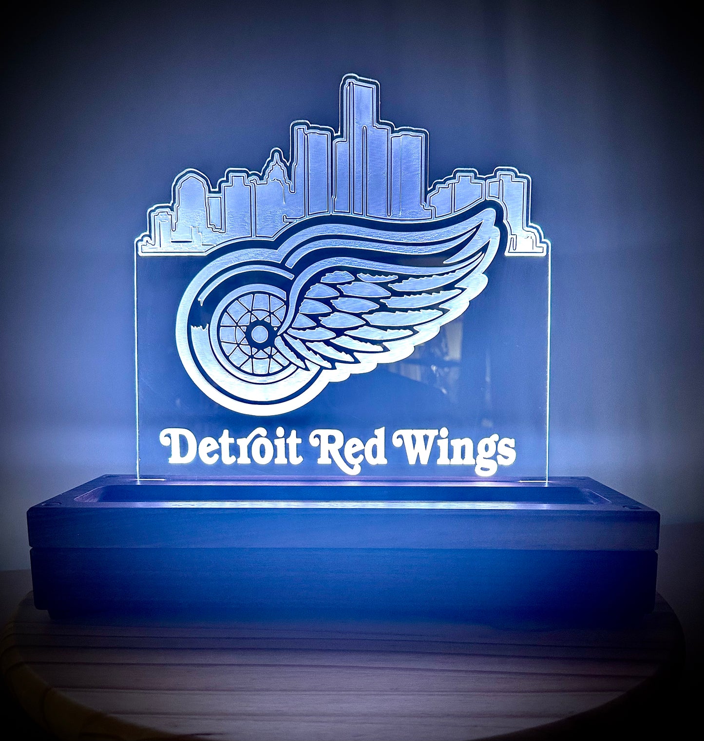 Custom Walnut Base Lighted Acrylic Lamp - Detroit Red Wings