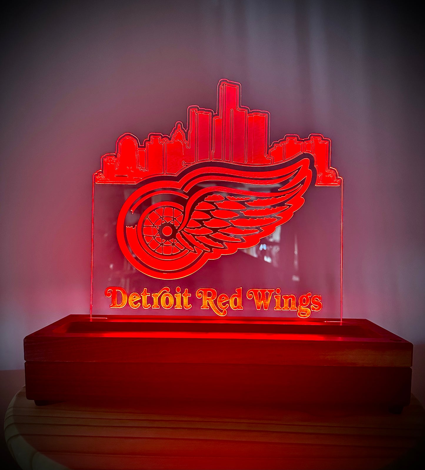 Custom Walnut Base Lighted Acrylic Lamp - Detroit Red Wings