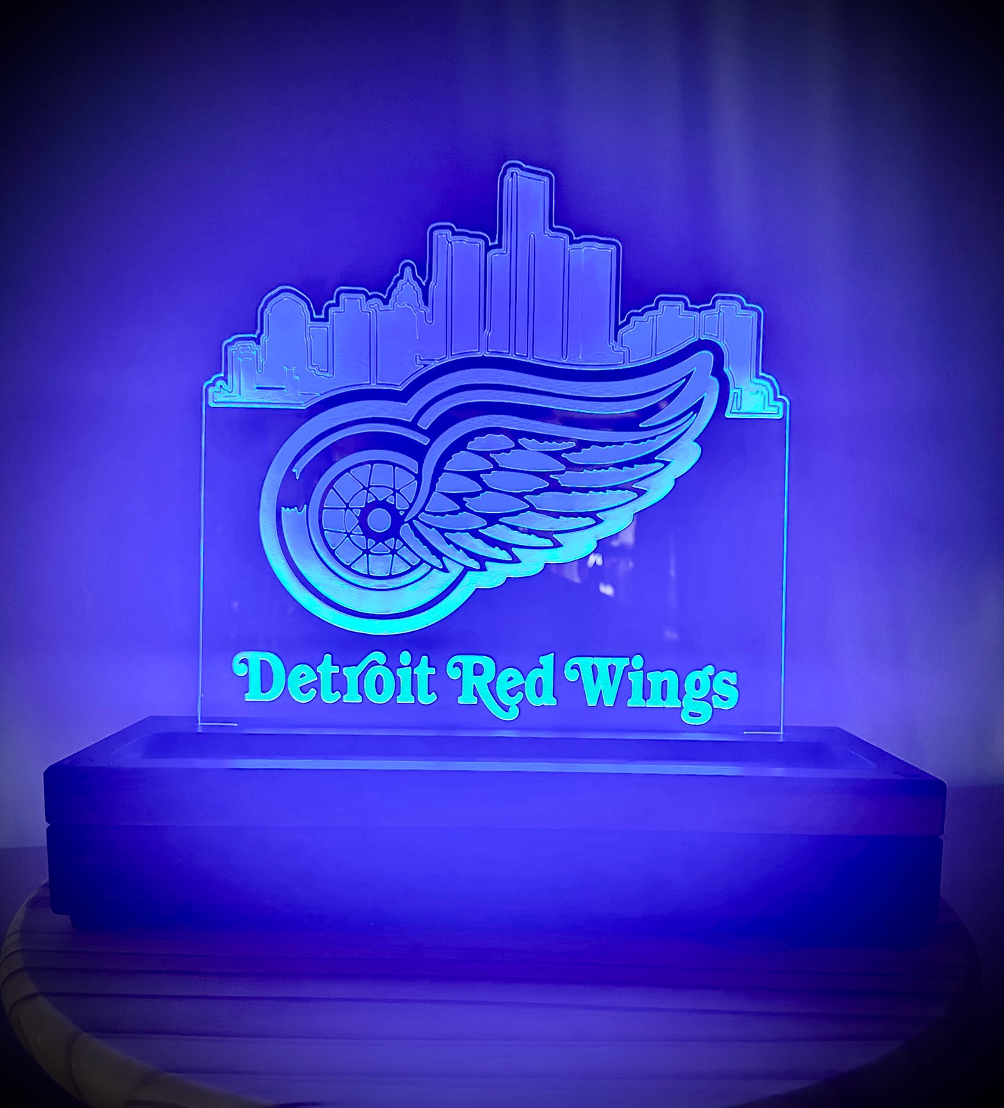 Custom Walnut Base Lighted Acrylic Lamp - Detroit Red Wings