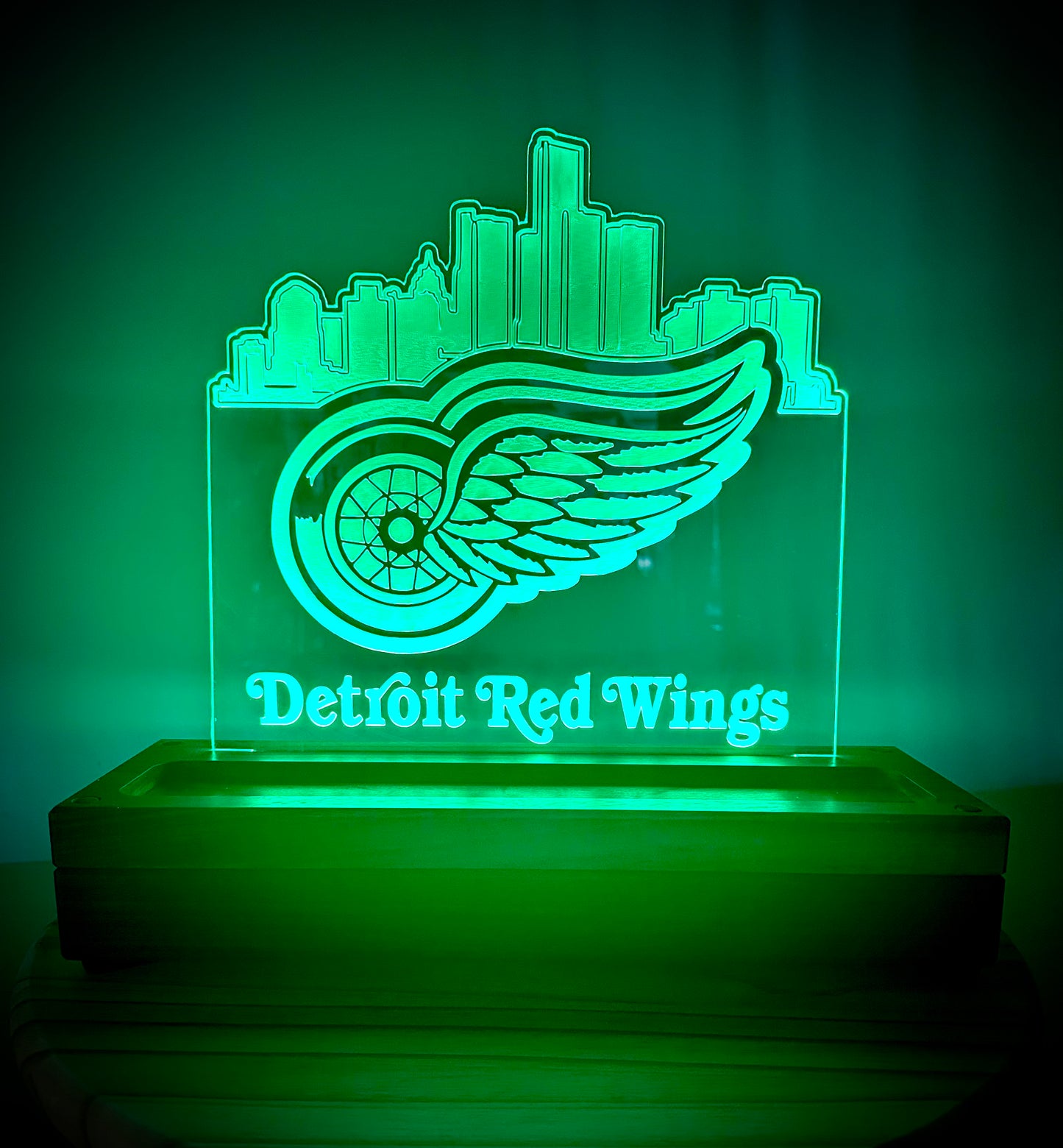 Custom Walnut Base Lighted Acrylic Lamp - Detroit Red Wings