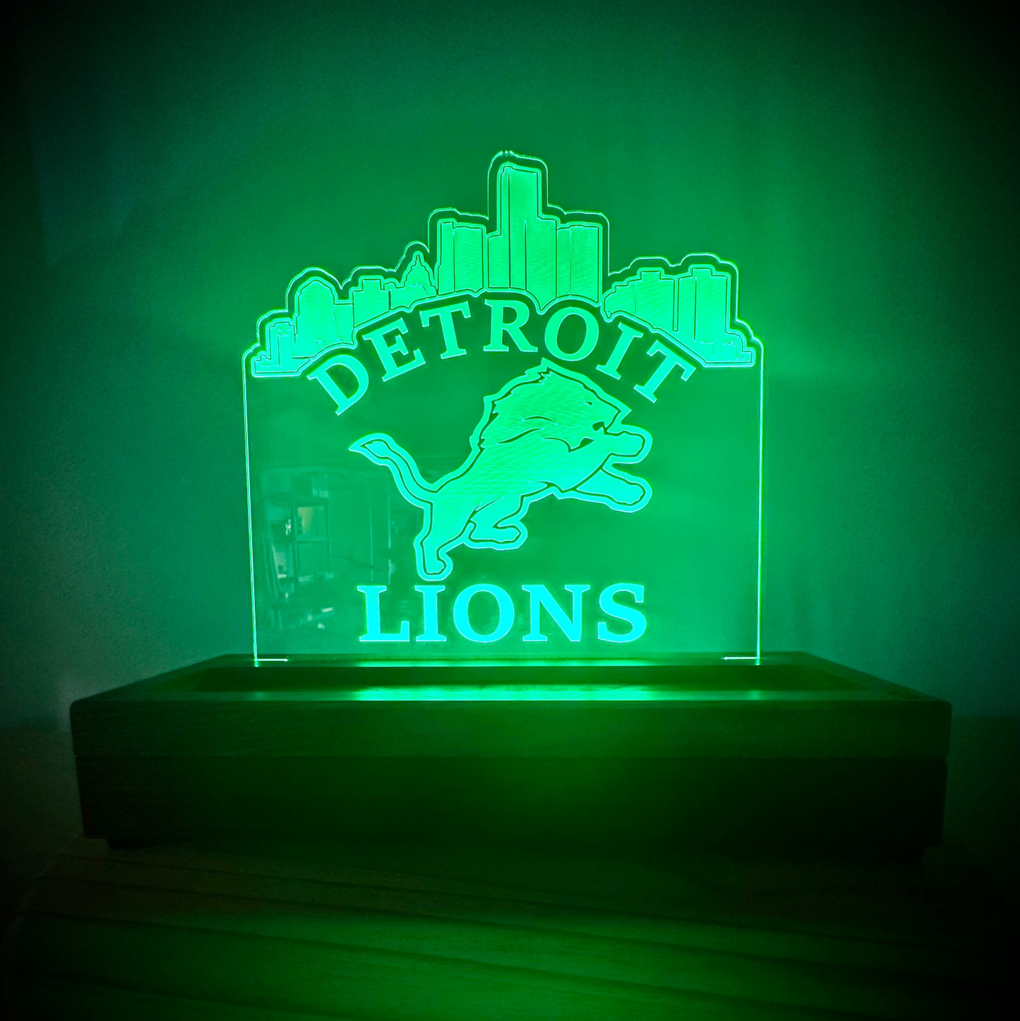 Custom Walnut Base Lighted Acrylic Lamp - Detroit Lions