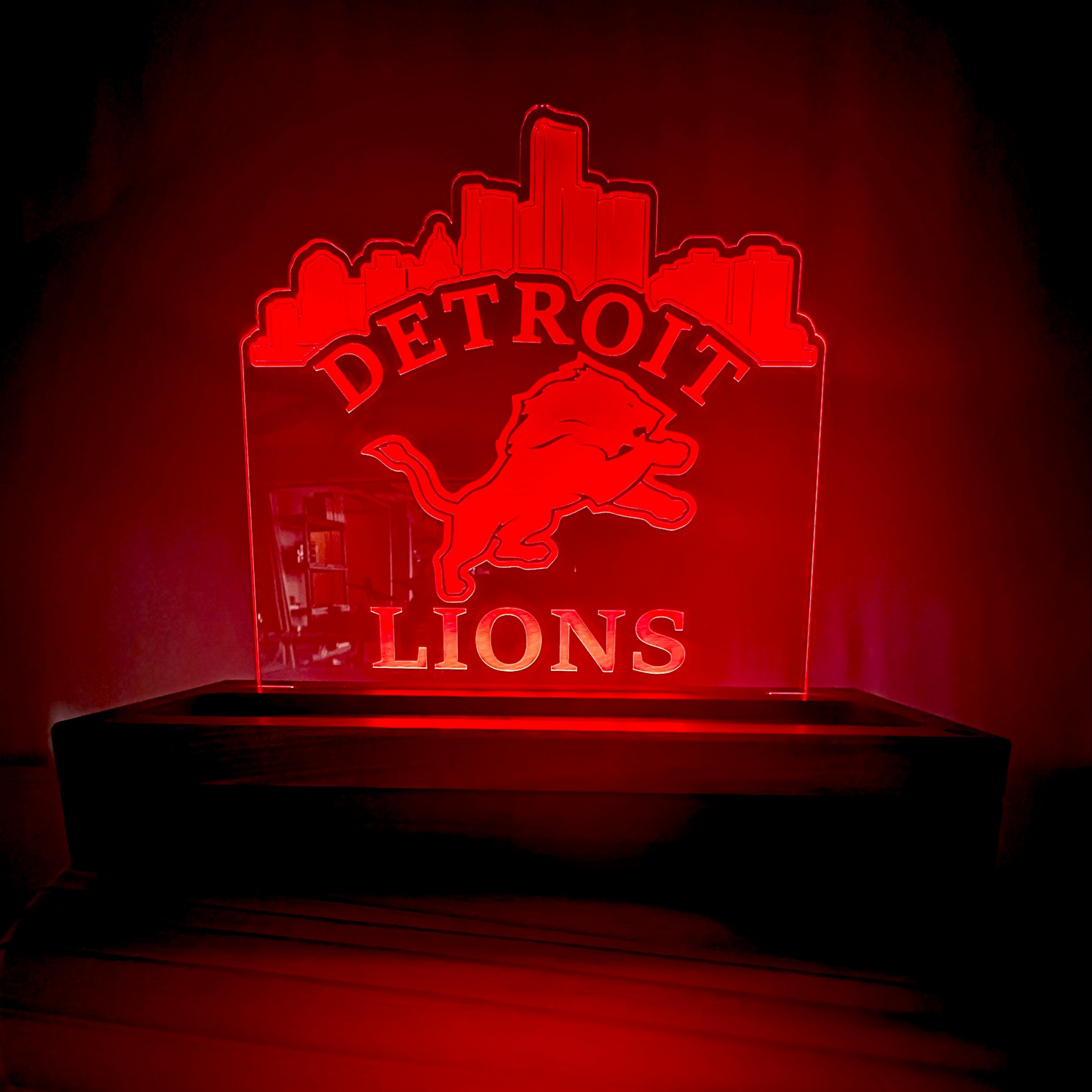 Custom Walnut Base Lighted Acrylic Lamp - Detroit Lions