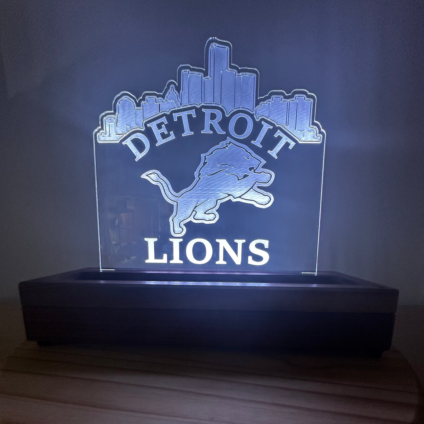 Custom Walnut Base Lighted Acrylic Lamp - Detroit Lions