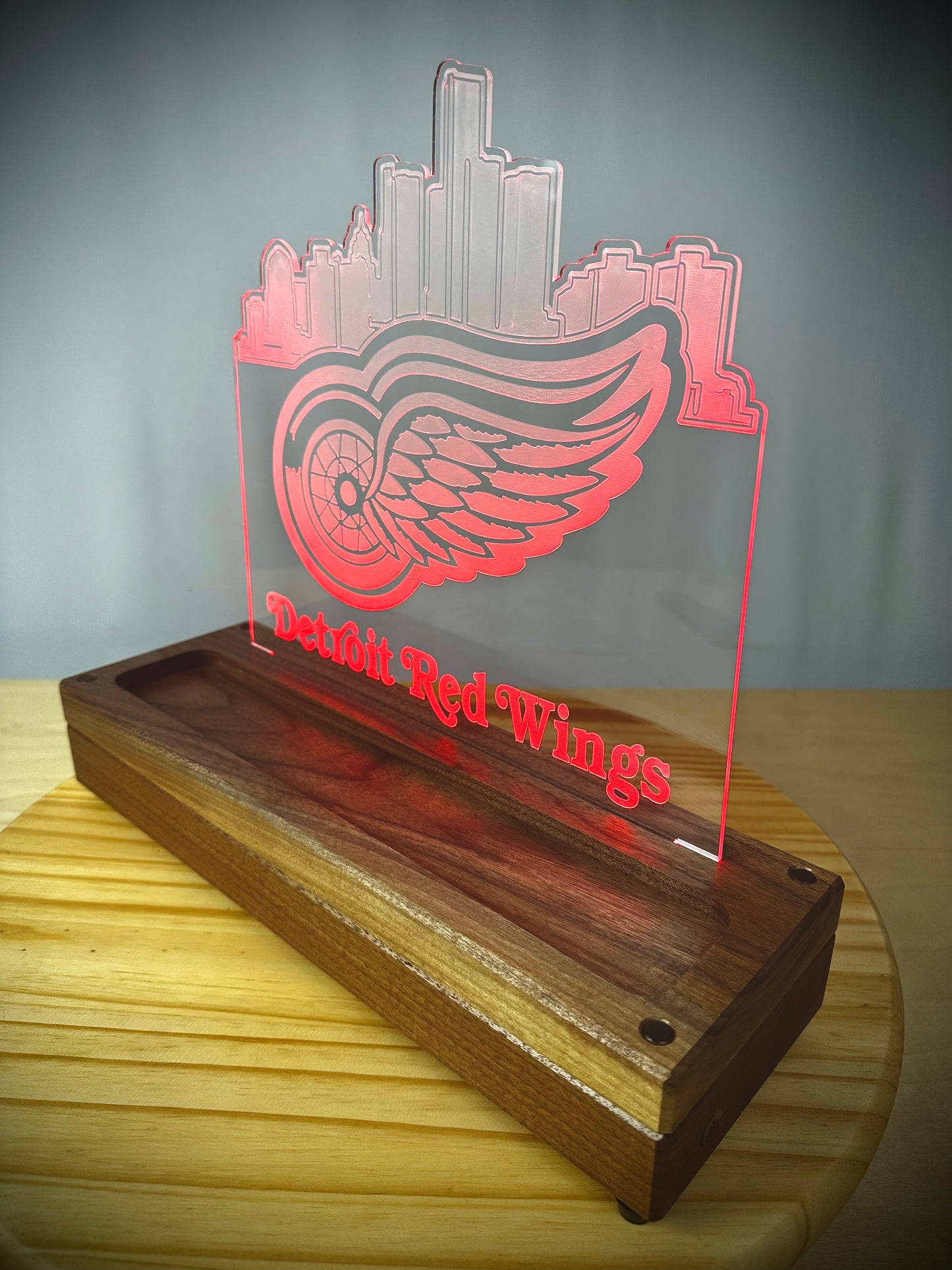 Custom Walnut Base Lighted Acrylic Lamp - Detroit Red Wings