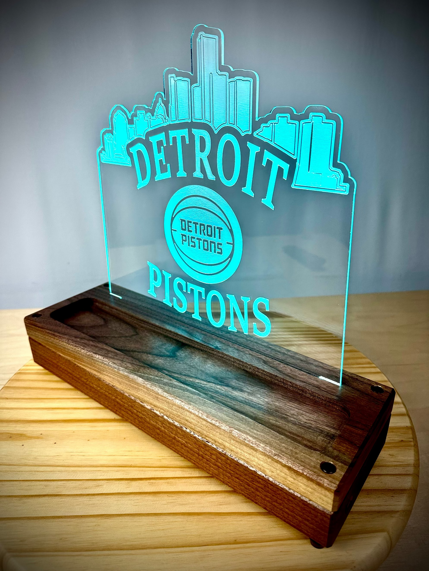 Custom Walnut Base Lighted Acrylic Lamp - Detroit Pistons