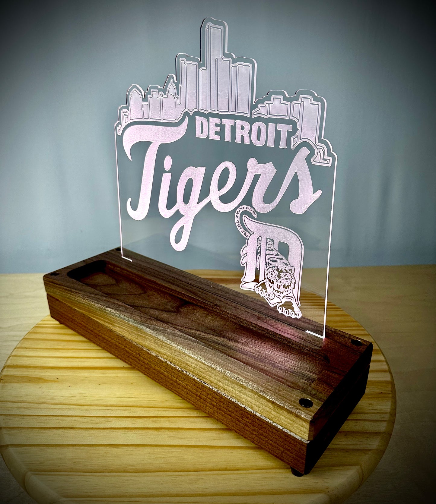 Custom Walnut Base Lighted Acrylic Lamp - Detroit Tigers
