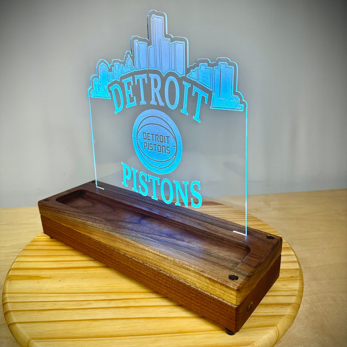 Custom Walnut Base Lighted Acrylic Lamp - Detroit Pistons