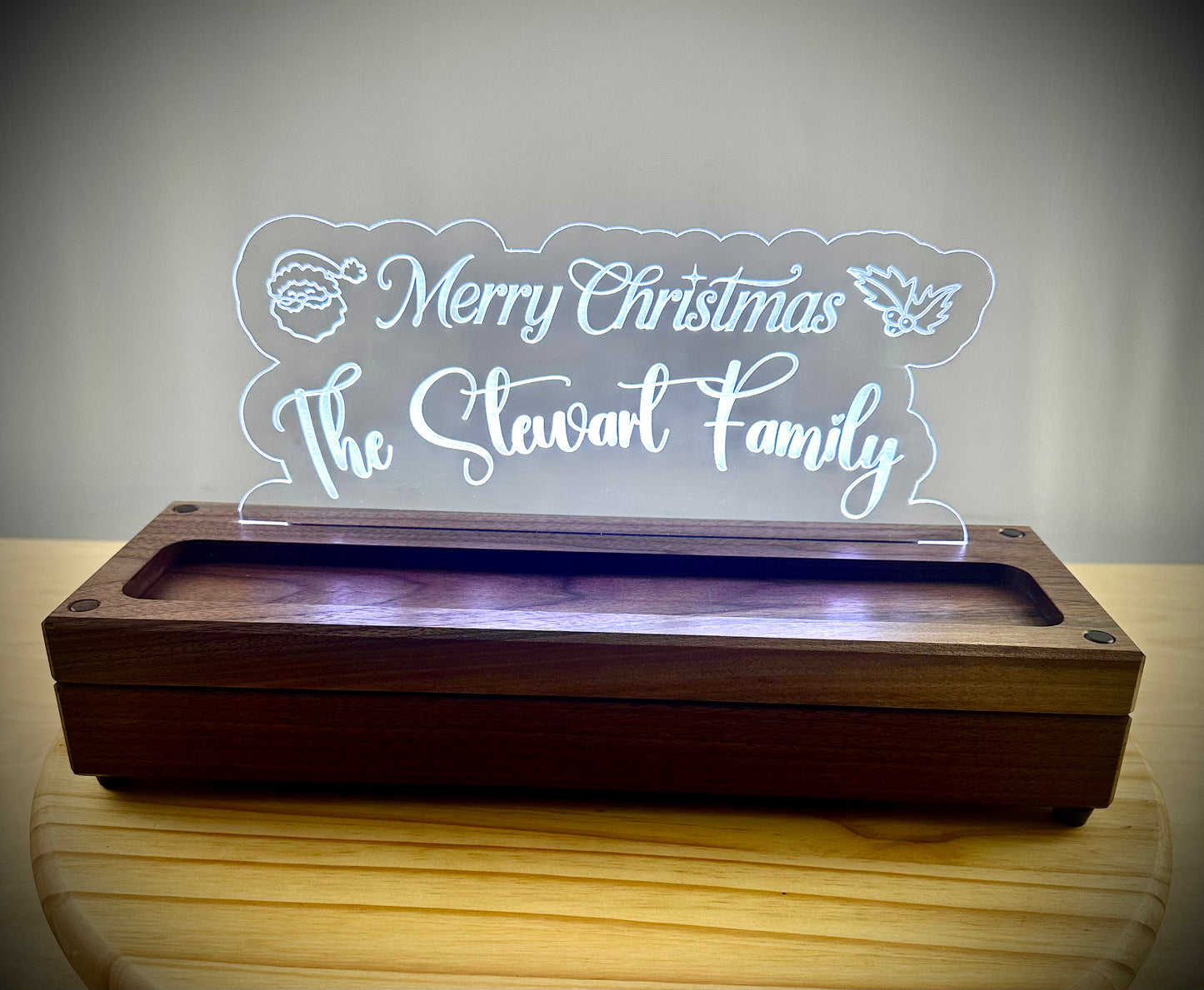 Walnut Base Lighted Acrylic Lamp - Customized to your Request