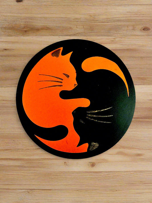Ying Yang Kitty Black and Orange Coaster - Black Outside Ring