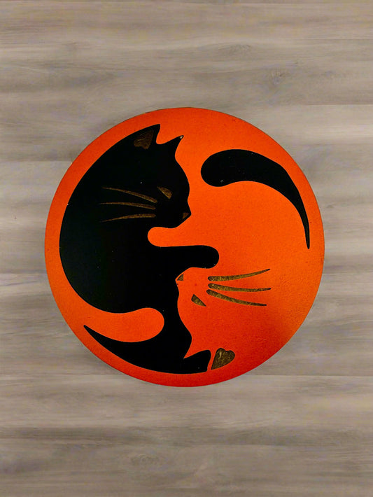 Ying Yang Kitty Black and Orange Coaster - Orange Outside Ring