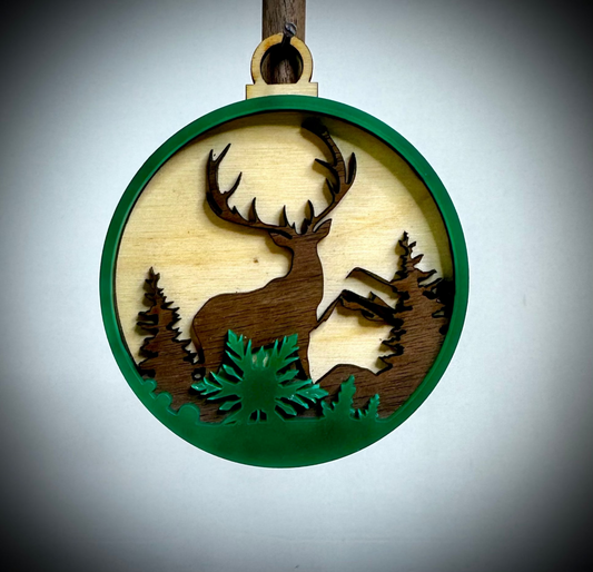 Layered Christmas Bulb - Deer in Woods With Mountains