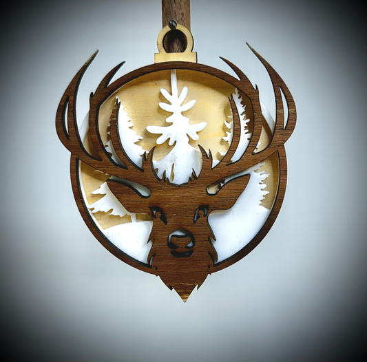 Layered Christmas Bulb - Deer Head Antlers with Trees