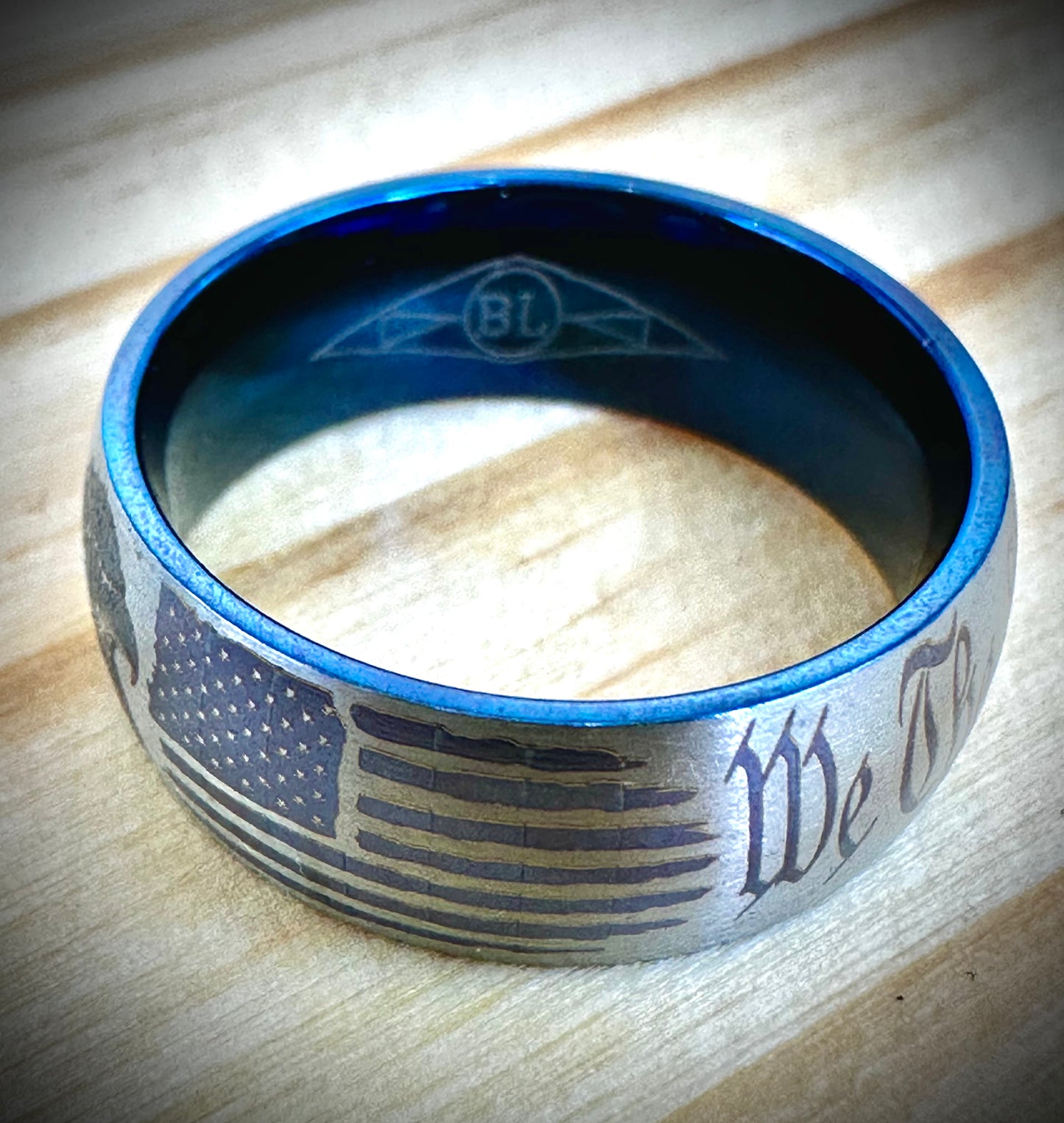 Tigrade Brushed Titanium Blue Inside - Eagle With Flags - 8mm Width Wedding Band