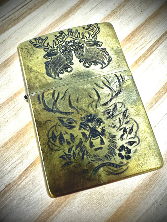 Zippo Lighter - 3 Deer Heads - Brass