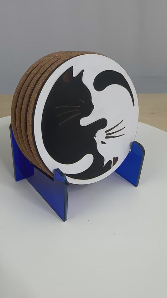 Ying Yang Kitty Coaster Set with Stand.